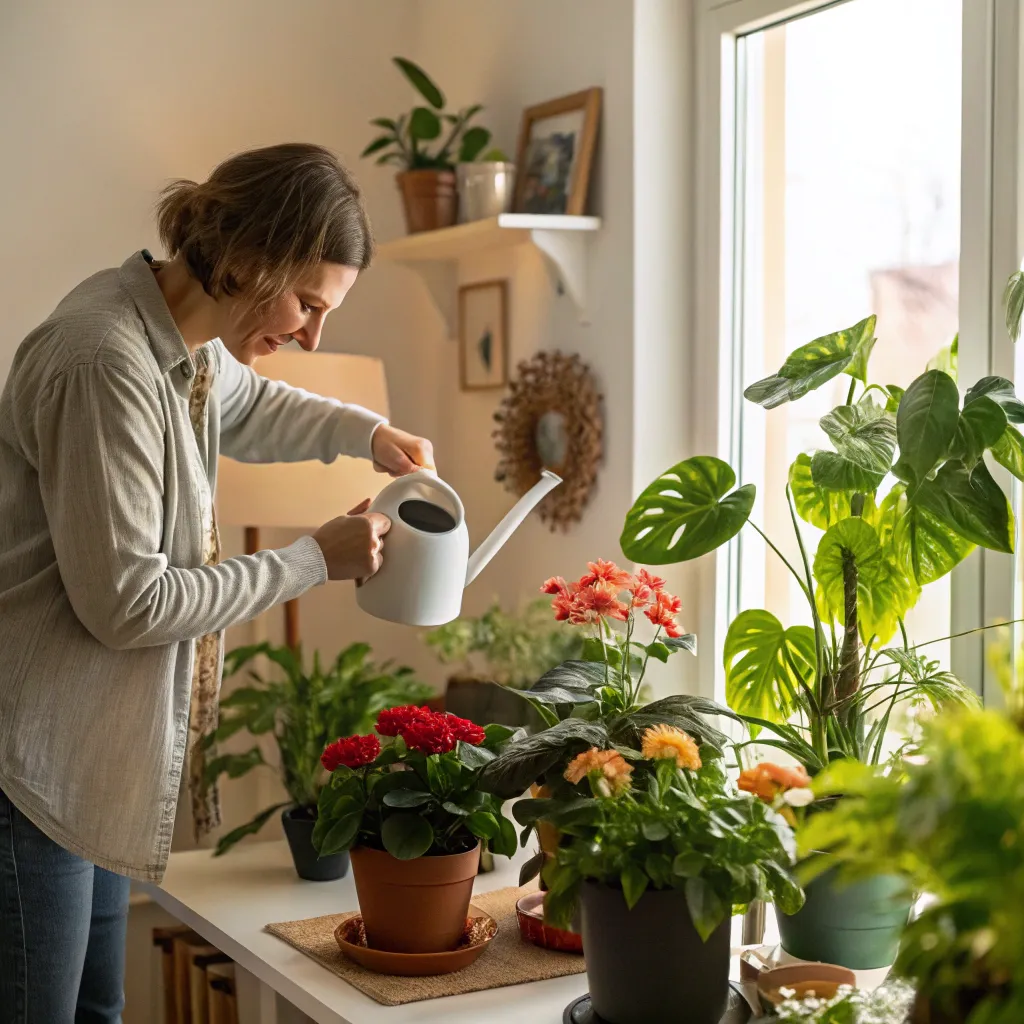 Person tending to houseplants